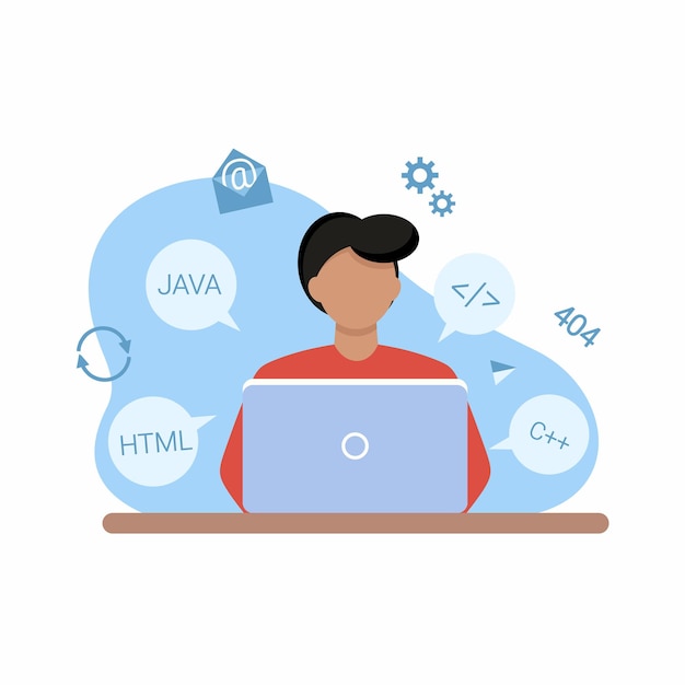 Kansainvälinen webmasterien päivä. Ohjelmoija istuu tietokoneella. Vektorikuvaus suunnittelun, ohjelmoinnin ja freelancetyön aiheesta.