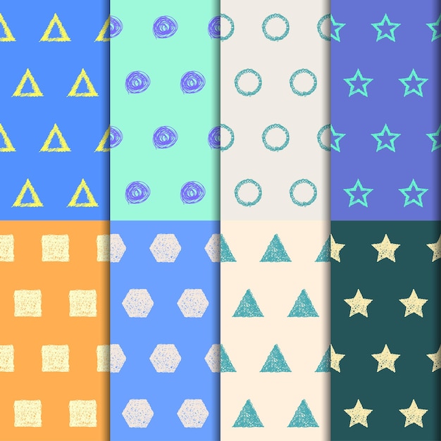 Käsin piirretyt doodle saumattomien kuvioiden sarja. Kirkkaat käsintehdyt muodot abstraktit geometriset lapselliset taustat kokoelma käytettäväksi suunnittelussa kortille, kutsulle, julisteelle, bannerille, julisteelle, mainostaulun kannelle