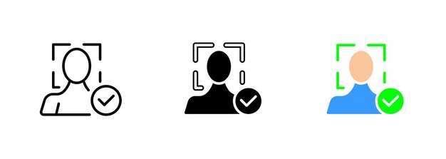 Kasvojen skannaus on prosessi, jossa käytetään biometristä teknologiaa yksilön ainutlaatuisten kasvonpiirteiden tallentamiseen ja analysointiin. Vektorijoukko kuvakkeita linjassa mustavalkoisissa ja värikkäissä tyyleissä, eristettynä
