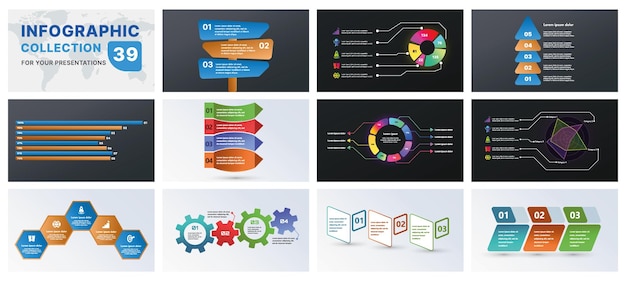 Kattava infografiikka-paketti, jossa on moderneja design-elementtejä, kuten kaavioita, vuokaavioita ja ikoneita. Täydellinen yritysesityksiin, markkinointistrategioihin ja projektisuunnitteluun.