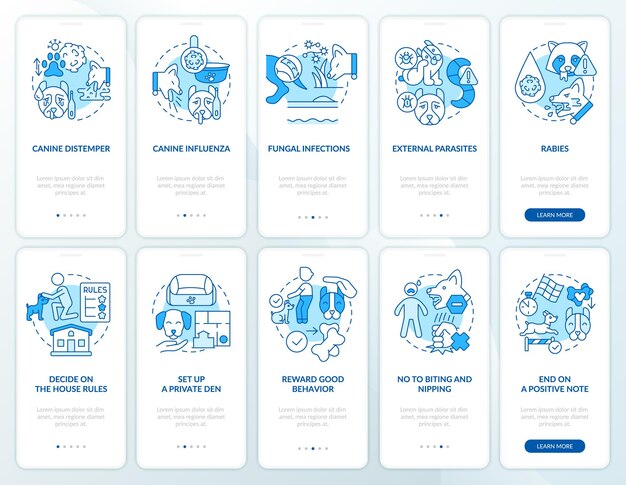 Keeping dog healthy and safe blue onboarding mobile app screen set