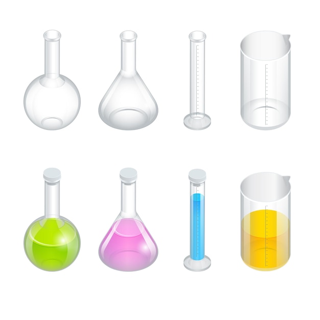 Kemialliset koeputkikuvakkeet asetettu. Erlenmeyerin pullo, tislauskolvi, mittapullo, koeputki. Kemialliset laboratoriolaitteet eristetty. Kokeilupullot tiedekokeeseen. Isometrinen 3D-vektori.