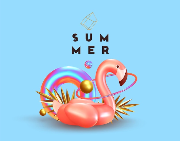 Kesäinen, minimalistinen ja abstrakti tausta, jossa 3d-renderöity lintu, vaaleanpunainen flamingo, torus-pelastusrengasvärien liukuväri, kultaiset pallot ja renkaat sekä kultaiset palmunlehdet. Trendikäs banneri, juliste. Vektorikuvitus