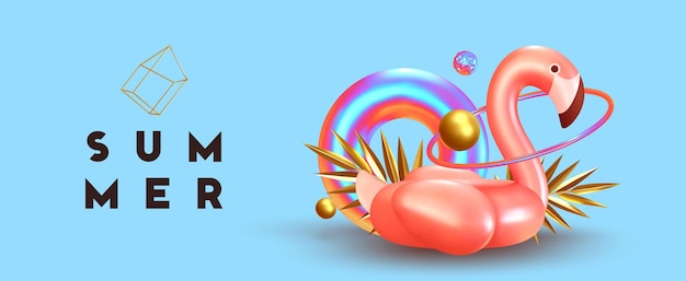 Kesäinen, minimalistinen ja abstrakti tausta, jossa 3d-renderöity lintu, vaaleanpunainen flamingo, torus-pelastusrengasvärien liukuväri, kultaiset pallot ja renkaat sekä kultaiset palmunlehdet. Trendikäs banneri, juliste. Vektorikuvitus