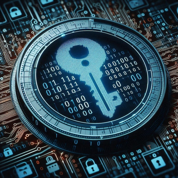 Key icon embedded in binary code symbolizing encrypted data