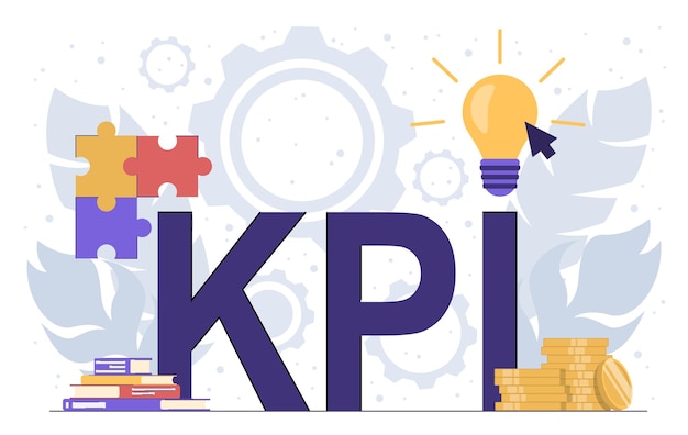 Key performance indicators. KPI lettering with light bulb, books, puzzles and gears