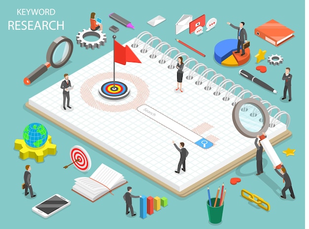 Keyword research flat isometric concept