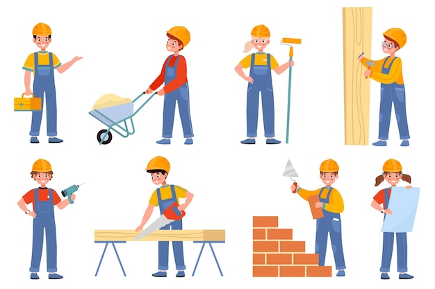 Kids builders Young engineers in uniform and helmets children professionals construction site carpenter and molar Teen workers use special tools Vector cartoon isolated set