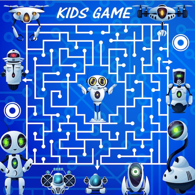 kids labyrinth maze game, cartoon robots vector boardgame. find correct way test with ai bots, cyborgs, drones and androids. worksheet riddle with square field, tangled path and cute droid in center