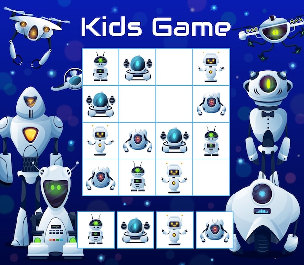 Kids puzzle block game with robots, vector sudoku riddle with cartoon characters humanoid cyborgs, drones and androids on chequered board. Educational task, children teaser, boardgame for sparetime