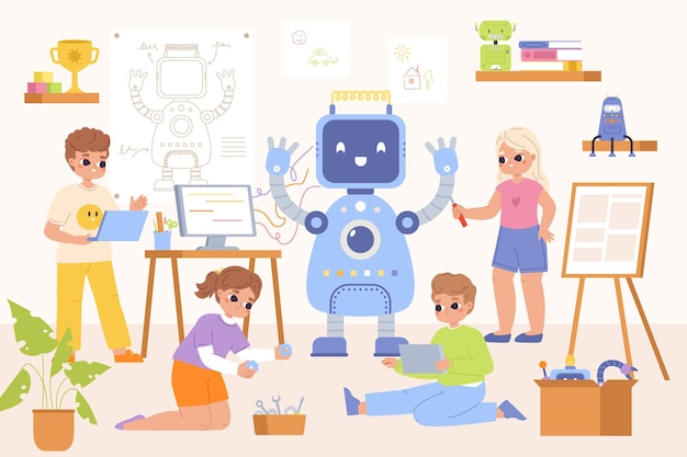 Kids robotic engineering repair robot children team Child programming and project robots on lesson School digital education snugly vector concept