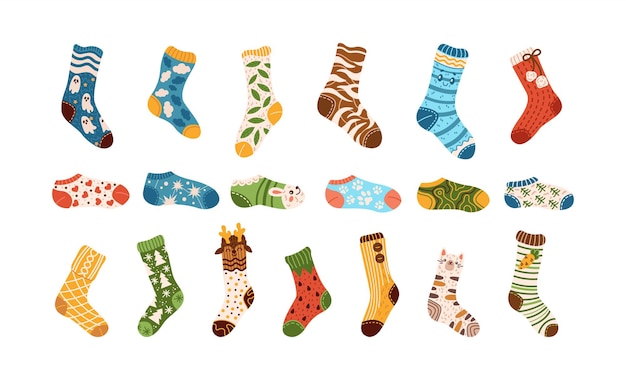 Knitted socks variety with fun designs flat vector objects