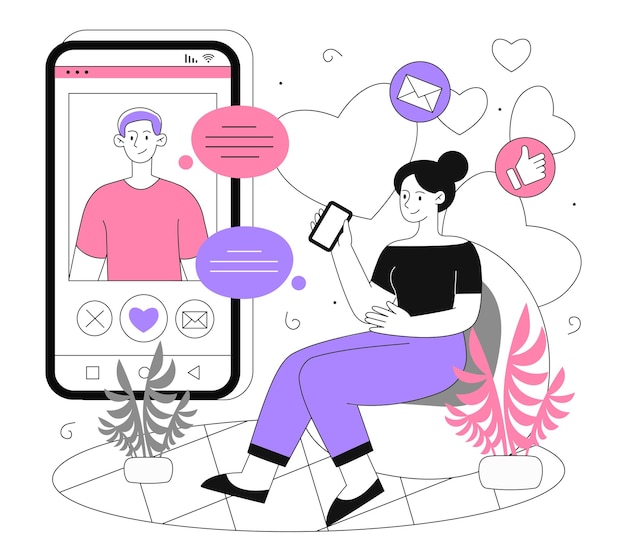 knowledge in social networks line concept woman watch video in social media and video hosting useful