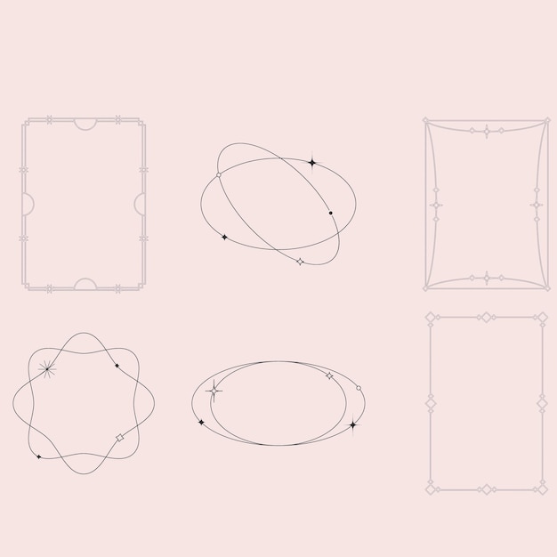 Kokoelma erilaisia kehyksiä, joissa on tähtiä. Minimalistiset lineaariset kehykset, kaarielementit, geometriset s
