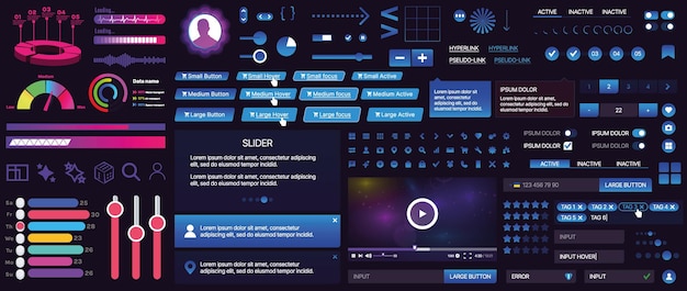 Kokoelma UI-komponentteja mobiilisovelluksiin ja verkkosivustoille Sisältää painikkeita, paneeleita, valikkoja, liukusäätimiä ja kaavioita