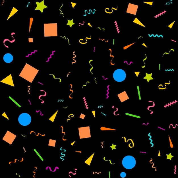Konfettikonsepti, design-mallipohja, loma, Happy Day, musta tausta, juhla, vektori-kuvitus