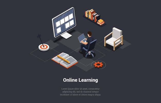 Konsepti etäopiskelusta Verkossa Opiskelija työpöydällä suorittaa tenttiä tai kurssia kotona tai toimistossa Pojalla on etäkurssi kotona Opiskelu verkossa tietokoneen edessä Isometrinen 3D-vektorikuva