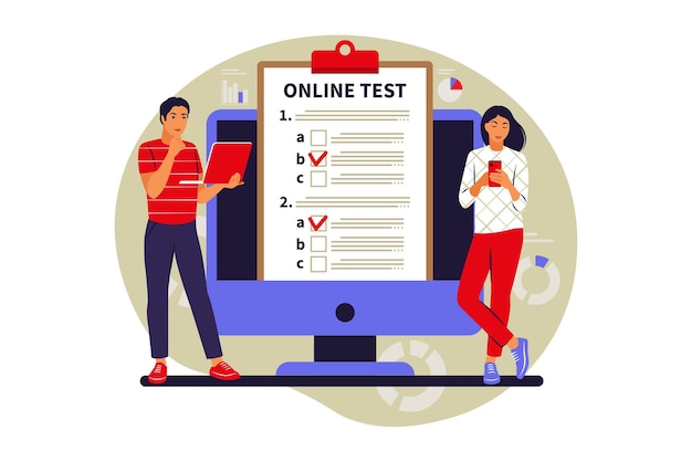 Konsepti online-testaus, e-oppiminen, tentti tietokoneella tai puhelimella. Vektori-kuva. Tasainen