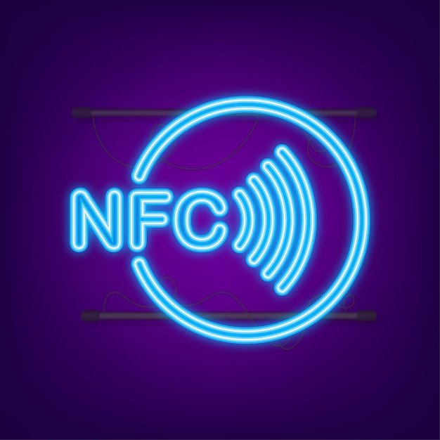 Kosketukseton langaton maksukylttilogo. Neonikoni. NFC-tekniikka. Vektorikuvitus.