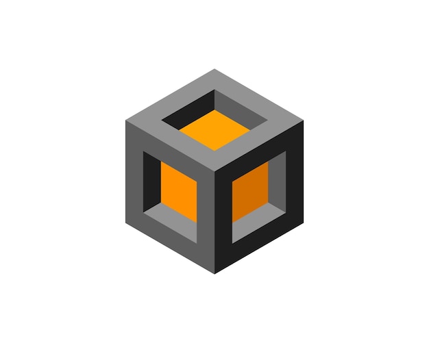 Kuutio, logo, geometrinen vektorisuunnittelu. Laatikkomainen logotyyppi yritykselle, trendikäs teknologiaembleemi pikselityylillä
