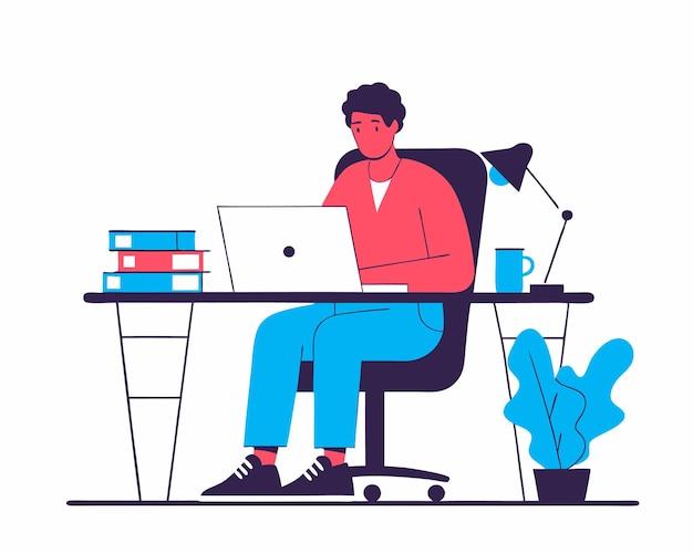 Kuva freelancer-miehestä tekemässä freelancer-työtä kotoa, tehty kuvitus