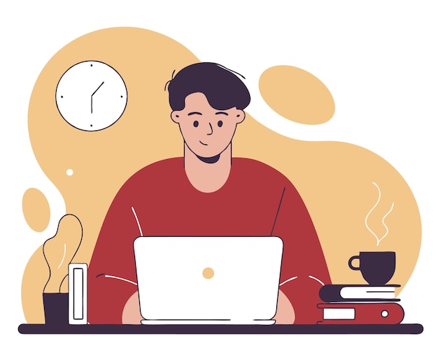 Kuva freelancer-miehestä tekemässä freelancer-työtä kotoa, tehty kuvitus