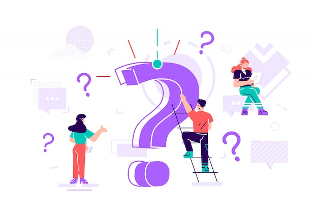 Kysymysmerkki-konsepti. Liikemiehet esittävät kysymyksiä valtavan kysymysmerkin ympärillä. Litteä design-kuvitus web-banneriin, infografiikkaan, mobiilisivustolle ja kortteihin. Landing page -mallipohja.