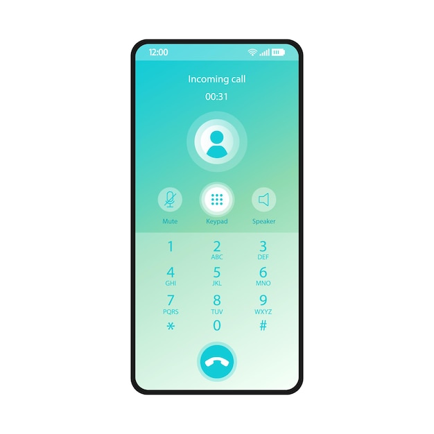 Kytketty näppäimistö älypuhelinliittymän vektorimalli. Mobiilisovellussivu sininen liukuväri asettelu. Saapuva puhelu, äänitallennusnäyttö. Sovelluksen litteä käyttöliittymä. Mykistys, kaiutinpainikkeet. Puhelimen näyttö
