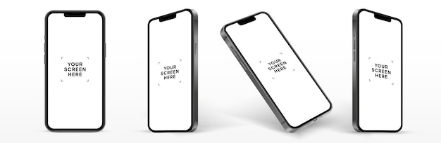 Laadukas 3d-renderöity älypuhelinmallikuva eri kulmista ja eristetyllä taustalla mobiilisovelluksen esittelyyn