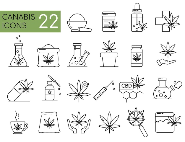 Lääketieteellinen marihuana, kannabikseen liittyvä lineaarinen ikonisarja, kannabidiolin lineaariset ikonit, marihuanan ääriviivat, vektori