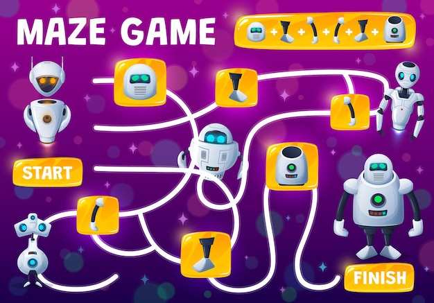 labyrinth maze kids game, assemble robot from spare parts, vector tabletop riddle. find and match spare parts of android robot, robotic bot or cyber chatbots and cartoon cyborgs or space aliens