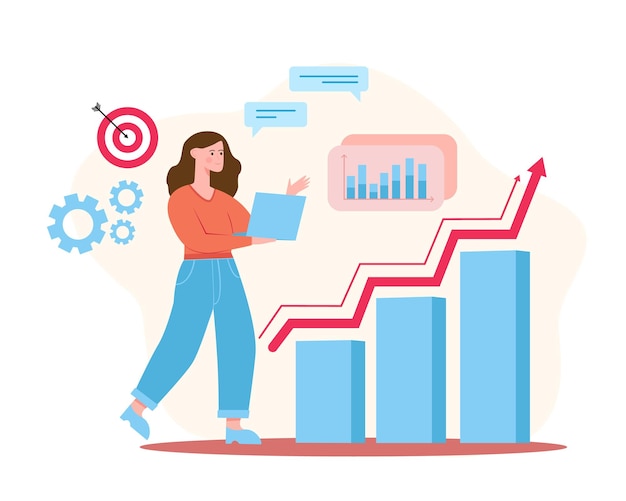 Lady holding laptop standing near diagram Timely performance of tasks and achievement goals