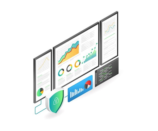 Landing page concept flat isometric illustration design analysis data monitor