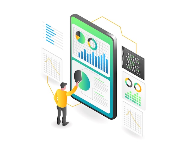 landing page concept flat isometric illustration man analyzing data by cell phone