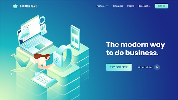 landing page design with female fast working on different platforms with smart devices such as infographics laptop, smartphone and wrist watch for business concept.