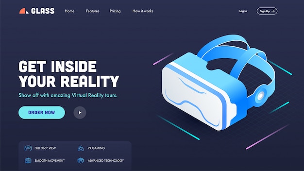 Landing Page or Hero Shot with VR Glasses on Blue  for Get Inside Your Reality.