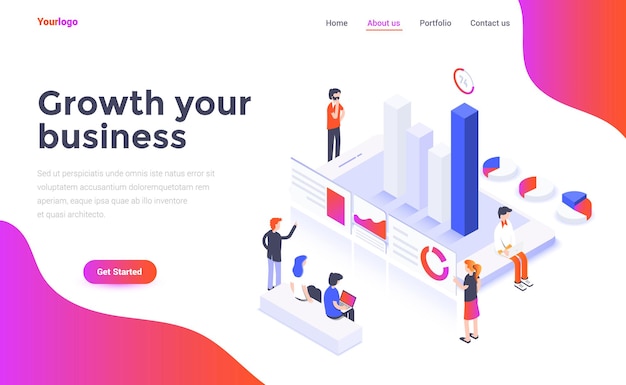 Landing page template of growth your business in isometry style