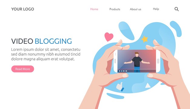 Landing page template of Internet blogger recording media content. influencer filming video blog .