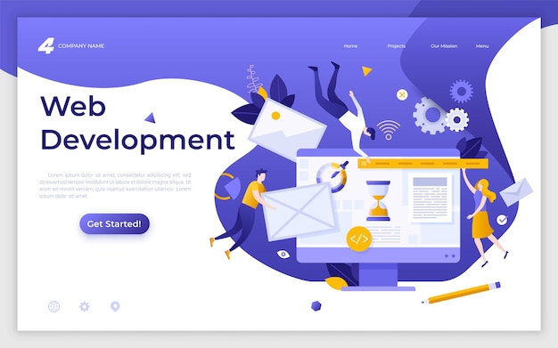 Landing page template with programmers coders or developers levitating around computer Web development website developing program coding Modern flat vector illustration for service advertisement