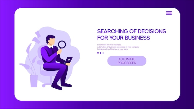 Landing page with hand drawn lawyer on white and purple background