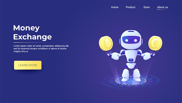landing page with money exchange money conversion 3d web vector illustrations with robot