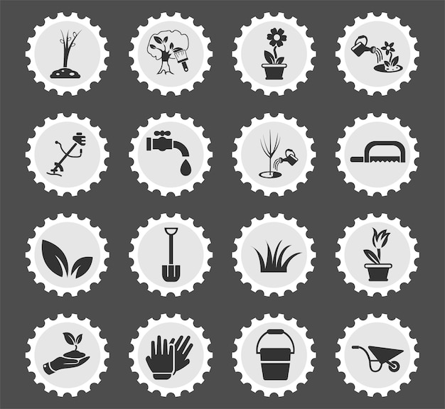 Landscape design symbols on a round postage stamp stylized icons