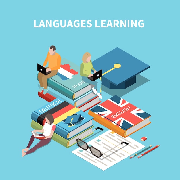 Language learning courses isometric composition with textbooks and students on colored background 3d vector illustration