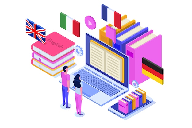 Language school, online learning. translator isometric.