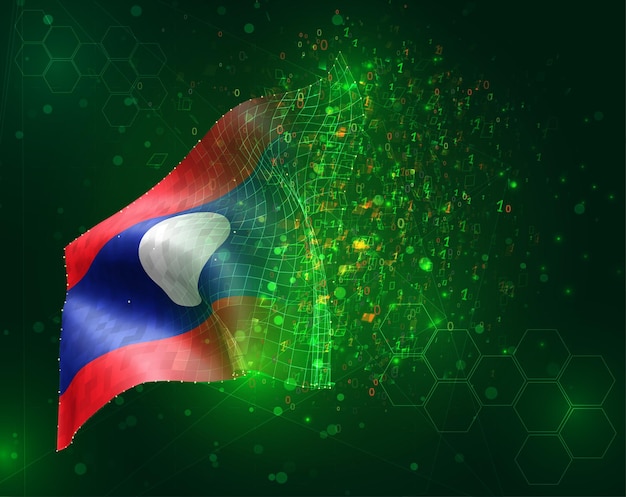 Laos, vector 3d flag on green background with polygons and data numbers