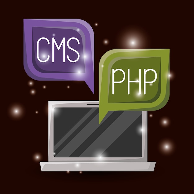 laptop and dialog text box with web programming language