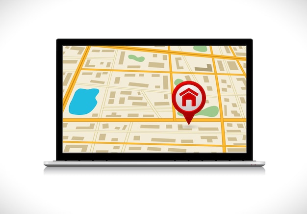 Laptop computer with map and pin icon
