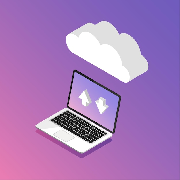 Laptop connecting with cloud storage. Download process. Vector isometric illustration.