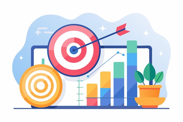 Laptop Hit by Dart Bullseye Target analyst data for the stock market trending Simple and minimalist flat Vector Illustration