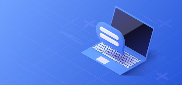 Laptop live chat service Isometric message icon concept Online support concept Vector illustration